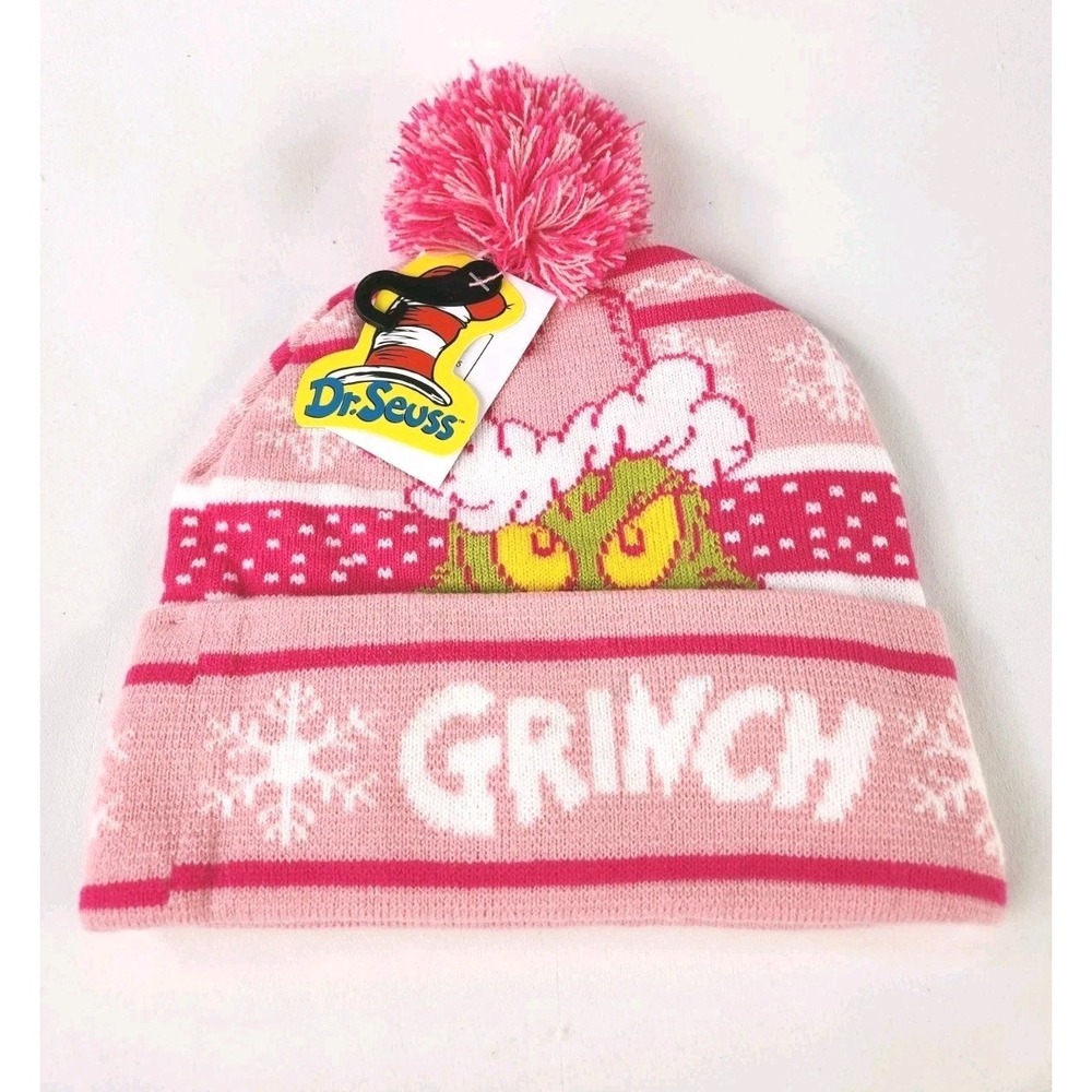 NEW Grinch Beanie stocking Hat One Size Fits Most Dr. Seuss Adult Size Pink Pom